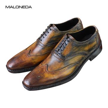 MALONEDA Bespoke Italy Style Mixed Color Genuine Cow Leather Oxfords Handmade Goodyear Brogue Formal Dress Shoes For Male